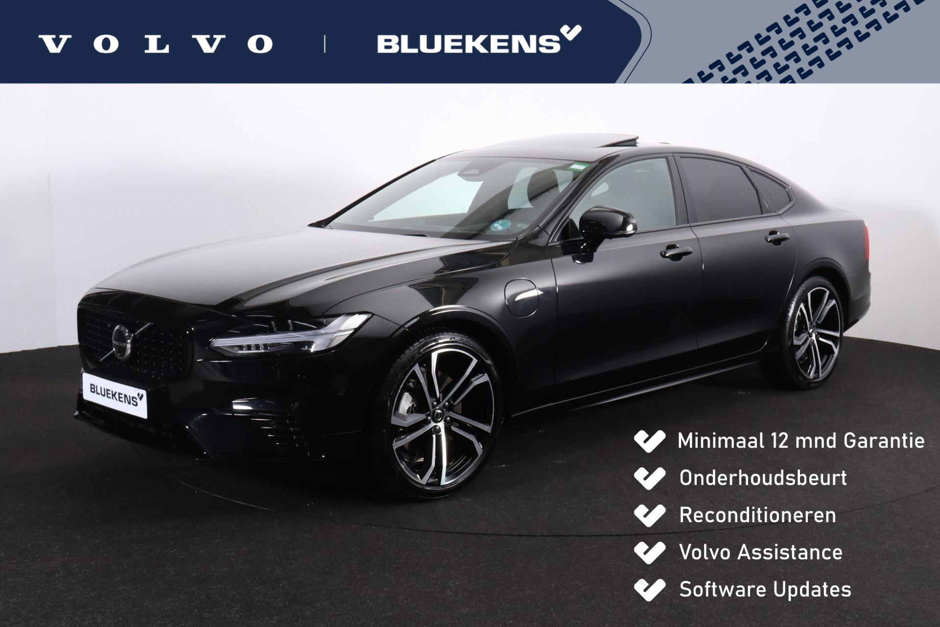 Volvo S90 T8 AWD Ultimate Dark - LONG RANGE - Luchtvering - Schuif/kanteldak - IntelliSafe Assist & Surround - 360º Camera - Bowers & Wilkins audio - Verwarmde voorstoelen, stuur & achterbank - Parkeersensoren voor & achter - Elektr. bedienb. voorstoelen met geheugen - Head up display - Extra getint glas - 20' LMV