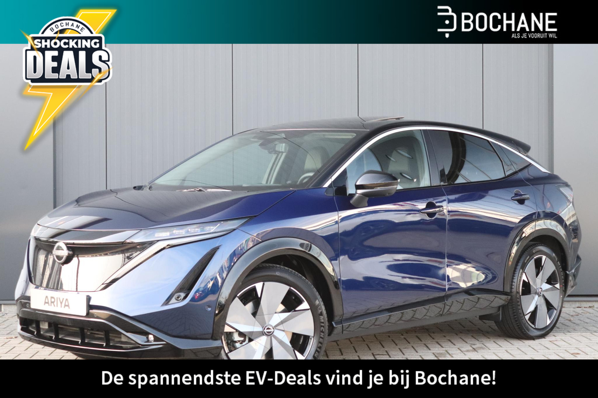 Nissan Ariya 66 kWh Evolve |20-inch L.M.Velgen| 22KW Lader| Parelmoer lak| Apple/Android-auto| Head-up display| verwarmde stoelen/stuur/voorruit|