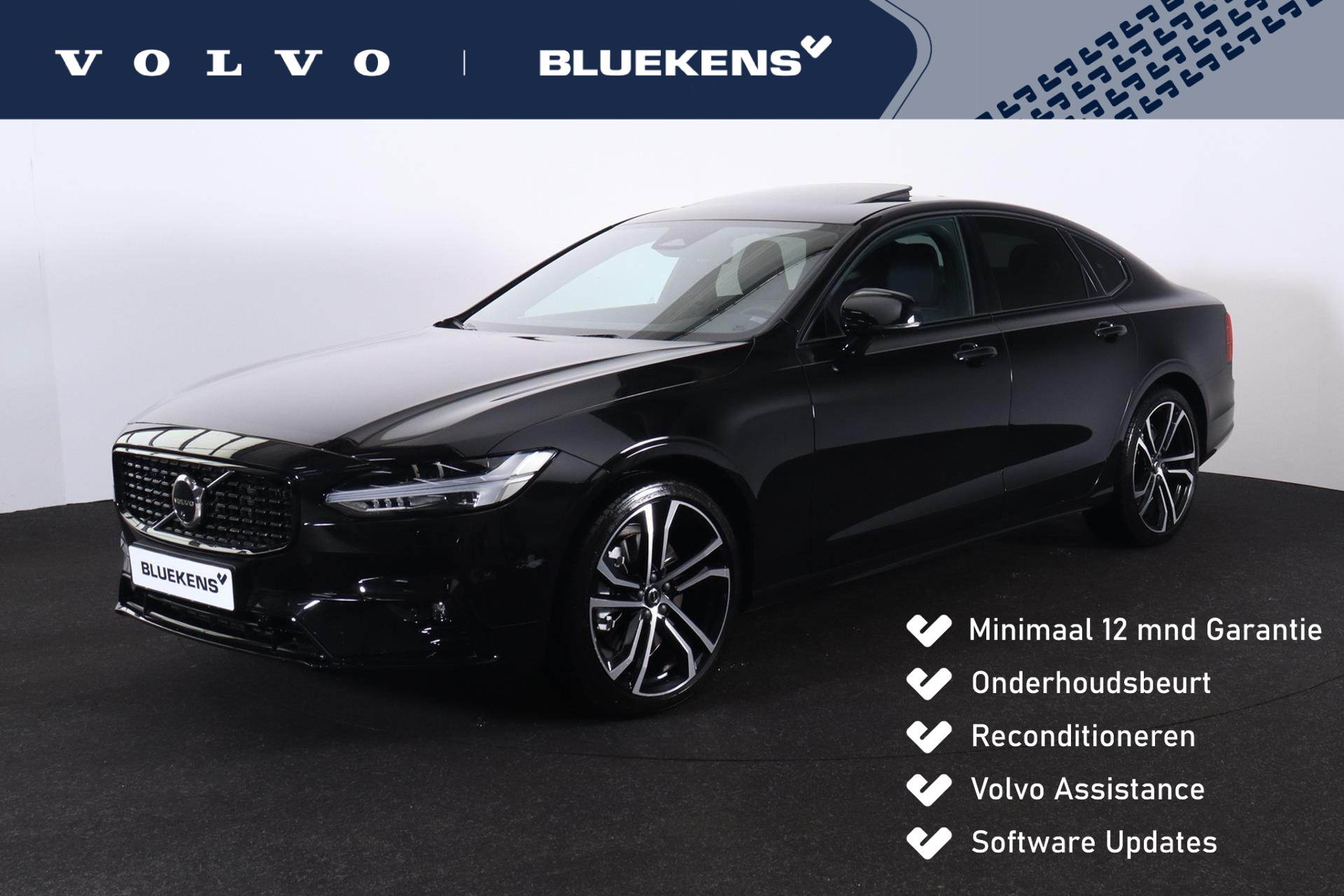 Volvo S90 B5 Ultimate Dark - Luchtvering - Schuif/kanteldak - IntelliSafe Assist & Surround - 360º Camera - Harman/Kardon audio - Adaptieve LED koplampen - Verwarmde voorstoelen, stuur & achterbank - Parkeersensoren voor & achter - Elektr. bedienb. voorstoelen met geheugen - Draadloze tel. lader - Standkachel - Extra getint glas - 20' LMV