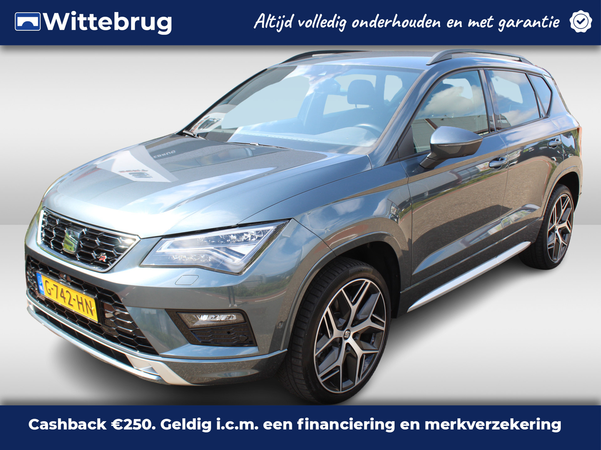 SEAT Ateca 1.5 TSI FR Business Intense Metallic/ Digitale Cockpit/ FR uitvoering Led/ elec klep/ Camera/ Clima/ Navi/ Parkeersensor V. + A./  19 lmv