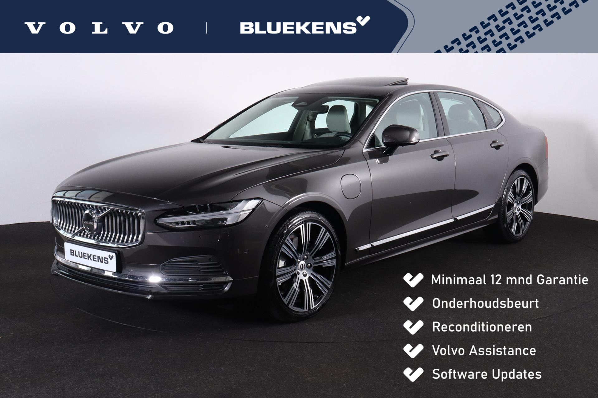 Volvo S90 T8 AWD Ultimate Bright - LONG RANGE - Luchtvering - Schuif/kanteldak - IntelliSafe Assist & Surround - 360° Camera - Harman/Kardon audio - Verwarmde voorstoelen, stuur & achterbank - Parkeersensoren voor & achter - Elektr. bedienb. voorstoelen met geheugen - Head up display - 20' LMV