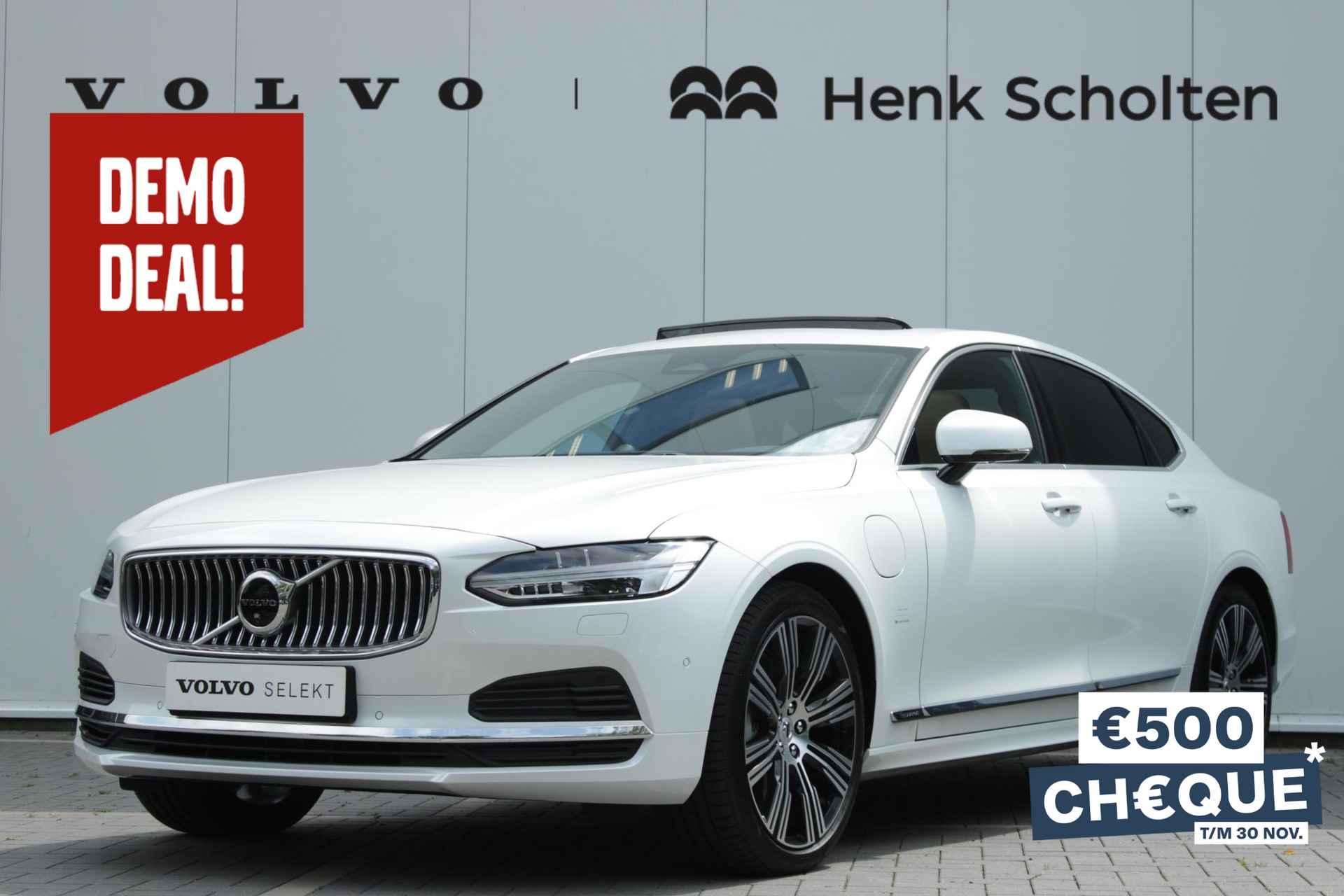 Volvo S90 T8 Recharge AUT8 455PK AWD Ultimate Bright, Nappa leder met stoelventilatie en massagefunctie, Visual Park Assist incl. 360° parkeercamera, Volvo Guard Alarm, Extra getint glas achter, Gelamineerde zijruiten, Bowers & Wilkins High-end geluidssysteem, Luchtvering, 20" lichtmetalen velgen - 1/35