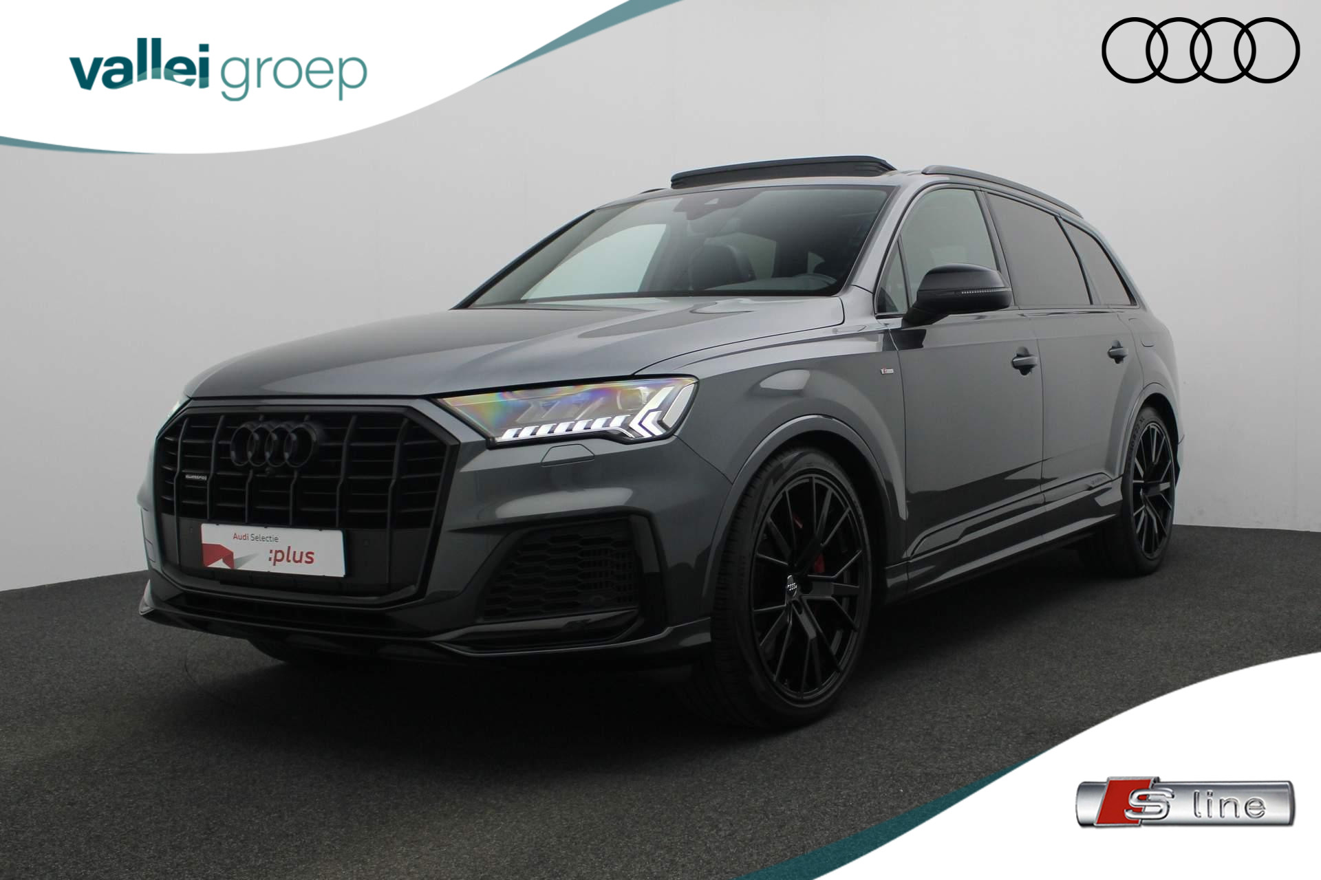 Audi Q7 60 TFSI e 456PK tiptronic quattro Competition / S-Line | Pano | Leder | Geheugenstoel | SQ7 diffuser | Stoelverwarming | Camera | Navi | Matrix LED | Luchtvering | Afgevlakt sportstuur | Keyless