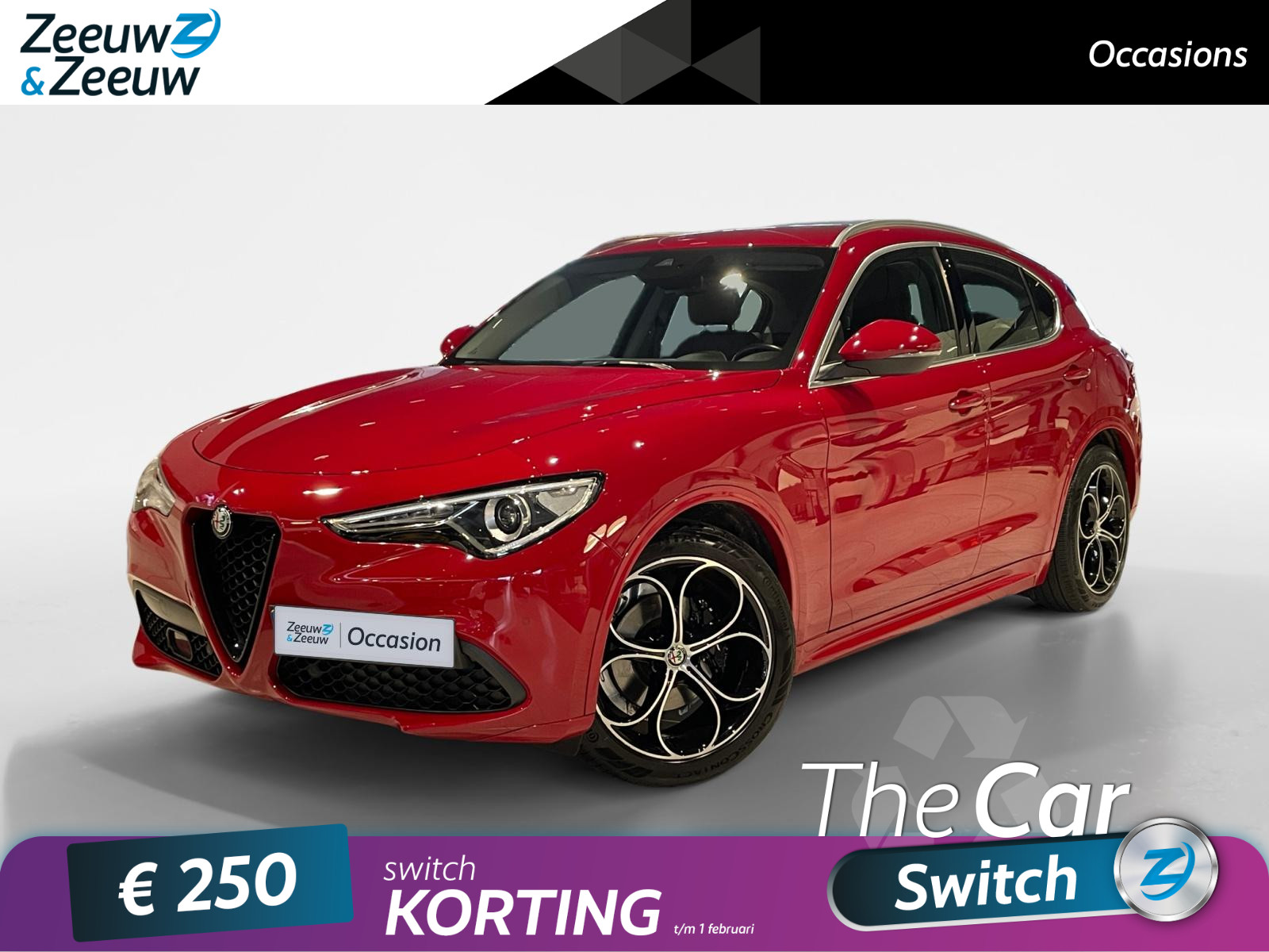 Alfa Romeo Stelvio 2.0 T AWD Super 200PK AUTOMAAT | Rosso Alfa | All Season banden | Cruise control | Climate control | Afneembare trekhaak | 4x4 | Navigatie | Lederen bekleding | Bi-led verlichting | Side skirts in kleur | 20'' Lichtmetalen wielen |