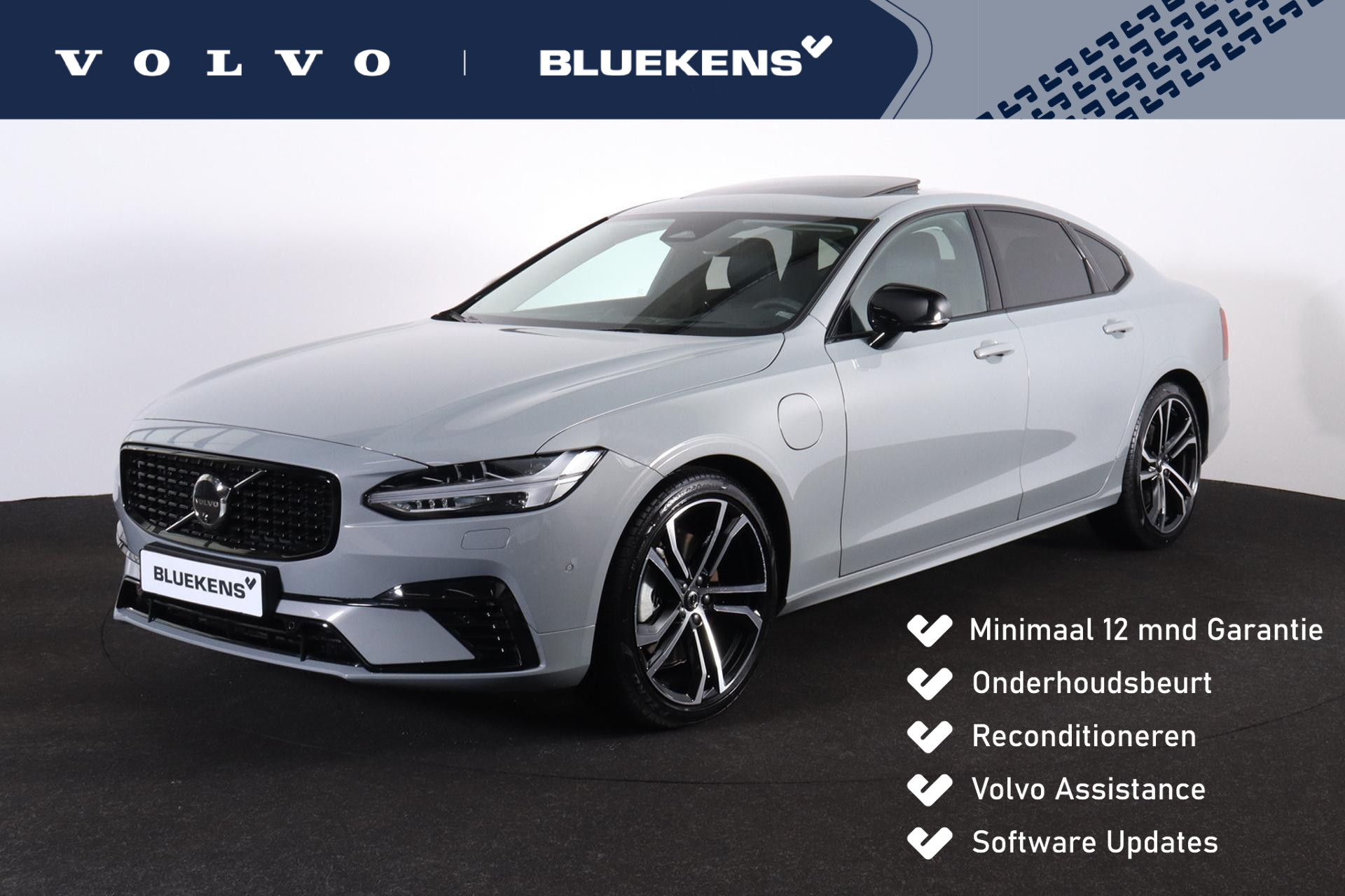 Volvo S90 T8 AWD Ultimate Dark - LONG RANGE - Luchtvering - Schuif/kanteldak - IntelliSafe Assist & Surround - 360º Camera - Bowers & Wilkins audio - Verwarmde voorstoelen, stuur & achterbank - Parkeersensoren voor & achter - Elektr. bedienb. voorstoelen met geheugen - Head up display - Extra getint glas - 20' LMV