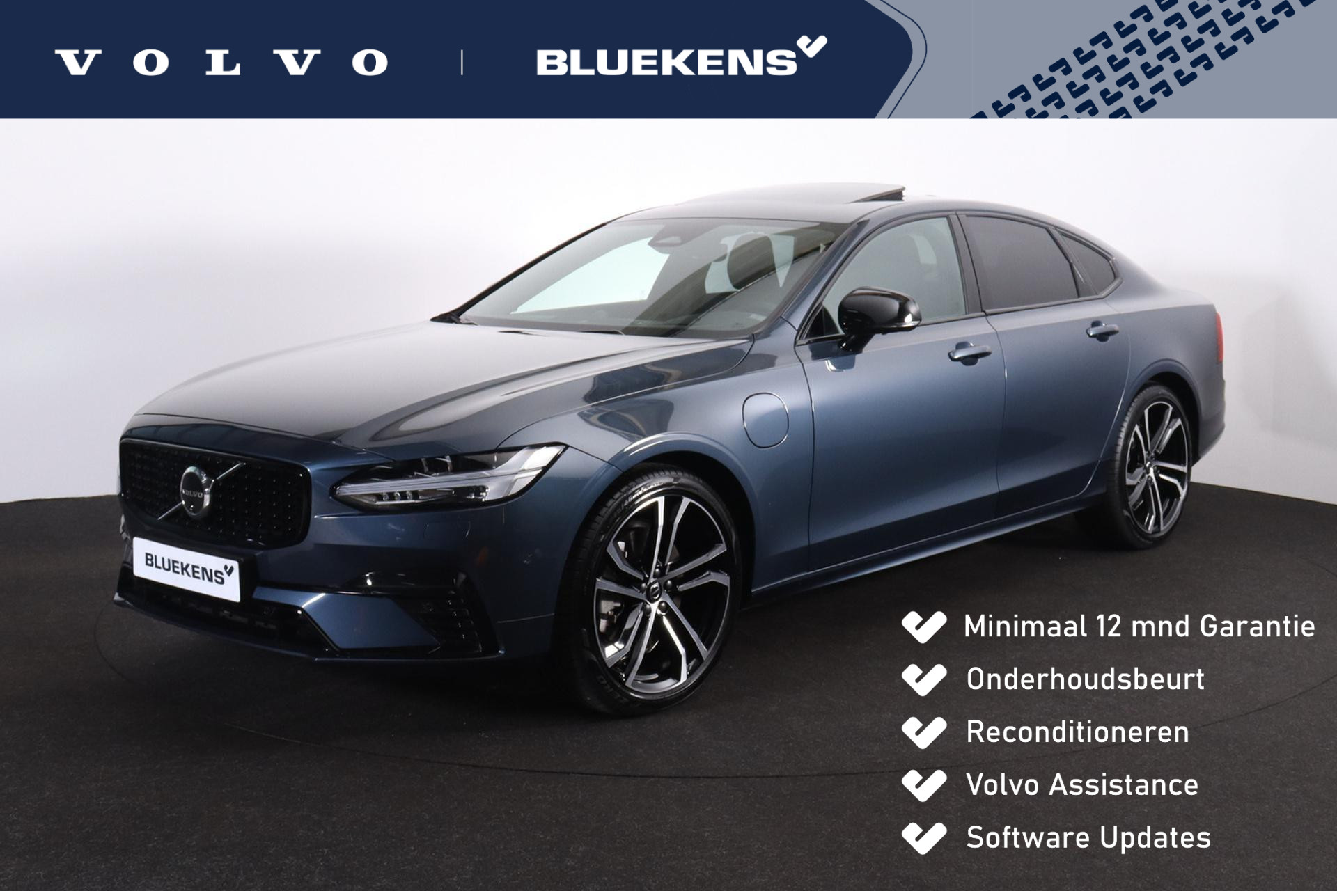 Volvo S90 T8 AWD Ultimate Dark - LONG RANGE - Luchtvering - IntelliSafe Assist & Surround - 360º Camera - Bowers & Wilkins audio - Verwarmde voorstoelen, stuur & achterbank - Parkeersensoren voor & achter - Elektr. bedienb. voorstoelen met geheugen - Extra getint glas - 20' LMV